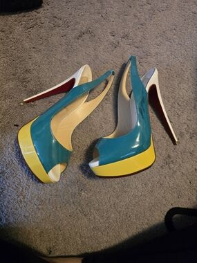 Christian Louboutin Teal and Yellow Patent Peep-Toe Slingback Pumps